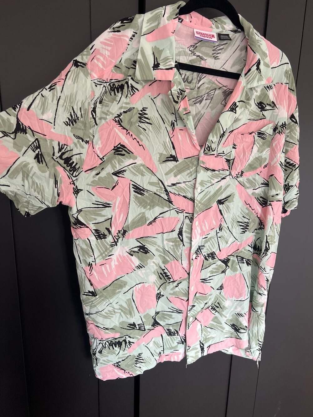 Stranger Things Jim Hopper Hawaiian Shirt Pink Green Retro 80s Button Up 3XL